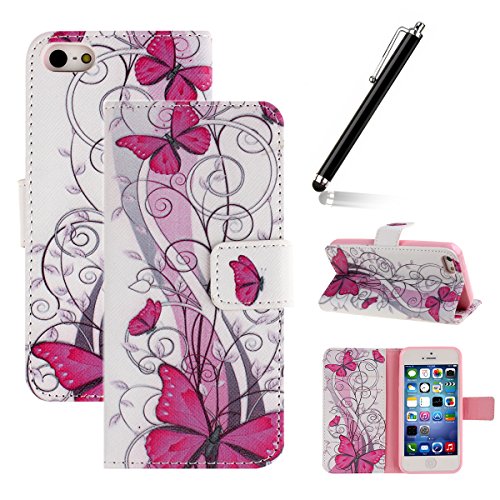 iPhone 5S Case,iPhone 5 Cover,Flip Case for iPhone 5/5S ,Ukayfe iPhone 5/5S Elegant Red Butterfly Flower Pattern PU Leather Flip Wallet [Stand Feature] Flip Folio Protective Skin Case for iPhone 5/5S with 1 x Black Stylus (Today is Lovely Day)