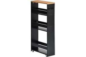 ‎FETINES FetiNes Nischenwagen 15cm breit, 4 Etagen Küchenwagen schmal, Nischenregal auf Rollen, Servierwagen mit Griff & Geländern, Badregal Holz, für Küche, Badezimmer, 40x15x80cm, Schwarz + Eichenfarben