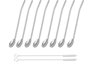 INHDBOX Łyżki ze stali nierdzewnej, metalowe słomki wielokrotnego użytku, metalowe słomki, łyżki, słomki, łyżki do koktajli, zestaw 8 sztuk