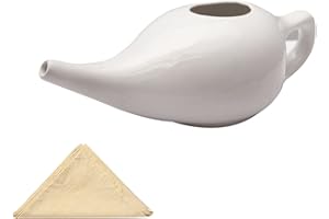 WG INC Ceramic Neti Pot Large Durable Handcrafted Nasal Cleaning Cup for Sinus & Congestion Relief Leakproof Dishwasher Safe - Sinus Rinse Neti Pot with Cotton Napkin (White)