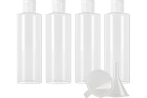 ZEOABSY 4 Pièces 200 ML Transparent Bouteille en Plastique avec Bouchon à Charnière Transparent, Épaule Plate Vider Bouteille Ronde en PET de Voyage pour Cosmétiques Liquides
