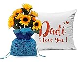 TIED RIBBONS Gift for Grandmother on Mothers Day Artificial Sunflower Bunch in Sack with Printed Cushion(12 inch X 12 inch) with Inner Filler