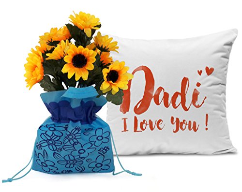 TIED RIBBONS Gift for Grandmother on Mothers Day Artificial Sunflower Bunch in Sack with Printed Cushion(12 inch X 12 inch) with Inner Filler