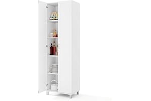 TANGZON 187cm Tall Kitchen Cupboard, 2-Door Freestanding Pantry Cabinet with Adjustable Shelf & Anti-toppling Device, Wooden Storage Cabinet for Home Kitchen Dining Living Room (White)