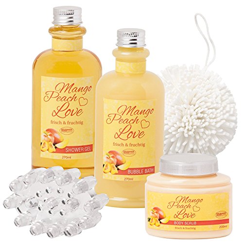 BRUBAKER Mango Peach Love Bade-Geschenkset mit Wanne aus Acryl 6-teilig - 3