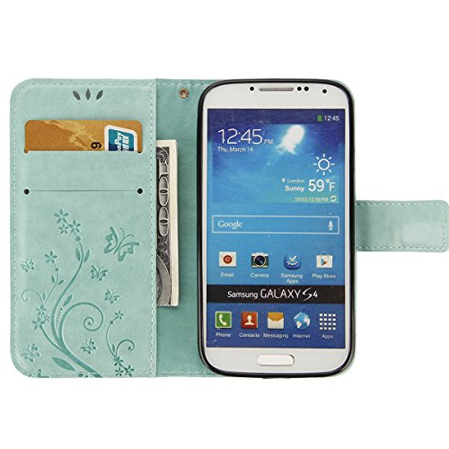 Galaxy S4 Hülle,Galaxy S4 Lederhülle,Galaxy S4 Leder Wallet Tasche Brieftasche Schutzhülle,ikasus® Malerei Schmetterling Muster PU Lederhülle Flip Hülle im Bookstyle Cover Schale Stand Ständer Etui Karten Slot Schutzhülle Grau Tasche Wallet Case für Samsung Galaxy S4 i9500 – Grün - 3