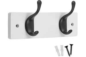 keypak 2 Matte Black Coat Hooks on White Wooden 22.5cm Board - Modern Wall Door Mounted Coat Rack Clothes Hanger