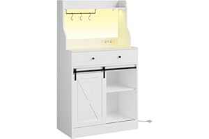 KIMENICH Credenza, Credenza Cucina con LED, Mobile Buffet con Cassetti, Ripiani Regolabili, 3 Ganci, Console Grande, Mobile Cucina Dispensa, Cucina, Sala da Pranzo, 70 * 40 * 135 cm, Bianca