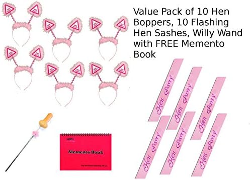 MEGA VALUE PACK TEN PACK of Pink Fur Hen Party Head Boppers perfect for hen parties Plus TEN Flashing Sashes with willy wand and FREE Memento book!!