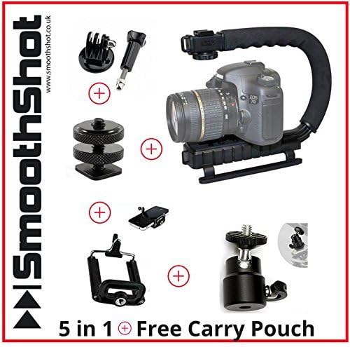 Filming Handle Stabilizing Hand Grip Steadicam 5 in 1 Pack includes 360 DSLR Head +1/4'' Hot Shoe Mount + Gopro Mount + Smartphone Mount + Free Accessories Bag by Smoothshot