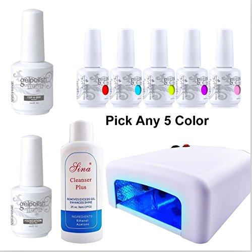 Vishine Nail Gelpolish Manicure Starter Kit Pick Any 5 Colors Soak Off Gel Polish + Top Base Coat Set + 36W UV Lamp + Cleanser Plus
