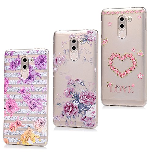 Lanveni Huawei Honor 6X Hülle × 3, Handyhülle Huawei Honor 6X TPU Schutzhülle TPU Bumper Weiche Silikon Case mit Bunte Cover Design (Blumen und Herzen + Rose + Pfingstrose)