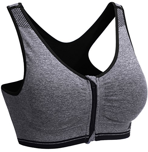 Bingrong Front Closure Sports Bra Padded High Impact Support Plus Size Girls Running Yoga Bra Tank Top (M Fit 32A 32B 32C 32D 34A 34B, Grey Bra)