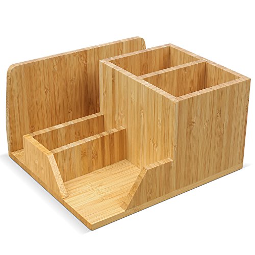 HOMFA Organizador de Escritorio Almacenamiento de Escritorio Organizador para lápices plumas con 7 compartimientos de Bambú 21.5x18.5x12cm