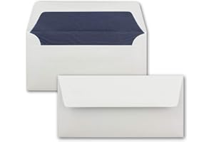‎NEUSER PAPIER 100 Briefumschläge Weiß - DIN Lang - gefüttert mit dunkelblauem Seidenpapier - 22 x 11 cm - Nassklebung, gerade Klappe - Ideal für Einladungen und Grüße zu Geburtstag und Weihnachten