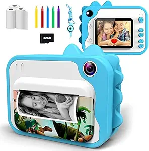 USHINING Instant Print Camera for Kids 12MP Digital Camera for Kids Aged 3-12 Ink Free Printing Video Camera for Kids 1080P 2.4 Inch Screen with 32GB SD Card,Color Pens,Print Papers (Blue)