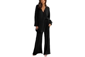 Lerrita Femme Ensemble plissé structuré 2 pièces Bouton Down Outfit Plissé Loungewear Set Chemises manches longues+ Taille haute Pantalons jambes larges Ensemble élégant Ensemble pantalon streetwear