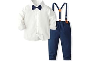 FAIRYRAIN 2-Teiliges Kleinkind Jungen Babyanzug Gentleman Kinder Langarm Hemd + Hose mit Träger Anzug Kleidung Se