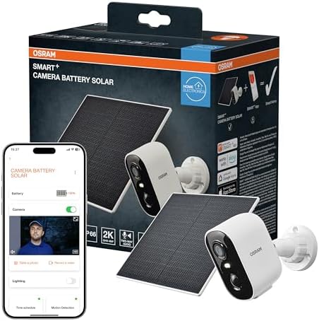 OSRAM Telecamera solare per esterni SMART+ WiFi, 4 MP 2K IP66, batteria da 5200 mAh, sensore PIR, 6 mesi, compatibile con Alexa, bianco
