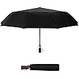 ECOHUB Travel Umbrella Windproof Strong With Compact Foldable, Automatic Open/Close, 10 Sturdy Ribs, Recycled PET Fabric, Wooden Handle & Ventilated Waterproof Canopy - Anti-Lost Sleeve, Black