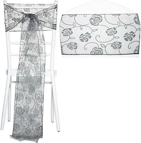 TtS 10pcs Flocked Organza Chair Cover Sashes Bow Wedding Party Birthday -Rose Pattern Silver Grey