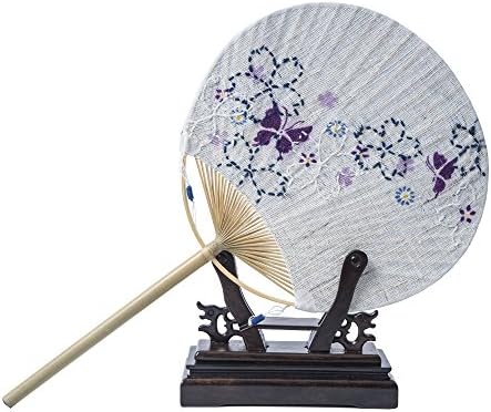 RH Double-sided Handheld Hand Fan Round for Women Embroidery Sakura and Painted Butterfly