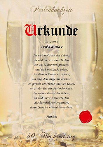 Perlenhochzeit Urkunde persönliche Geschenk Karte zum 30. Hochzeitstag Pergament div. A4 Papier Motive - 5