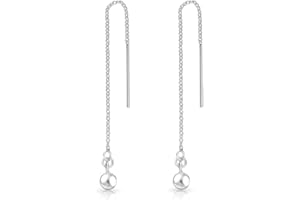 DTPsilver® Boucles d'oreilles Pendantes à Chaîne en Argent Fin 925, Plaqué Or Jaune ou Or Rose avec Boule - Longueur 73 mm - Diamètre Boule: 4 mm