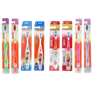 MAXI Oral Care Family Pack of 8-(4 Adults) Tiger Toothbrush & (2 Kids) Dolls Junior Toothbrush & (2 Kids) Bunty Bubli Junior Toothbrush