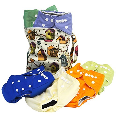 Cloth Diaper Set, Pack of 6 Cloth Diapers, 6 Bamboo Charcoal Inserts and WetDry Bag, All in One Baby Shower Gift (Garden Party)