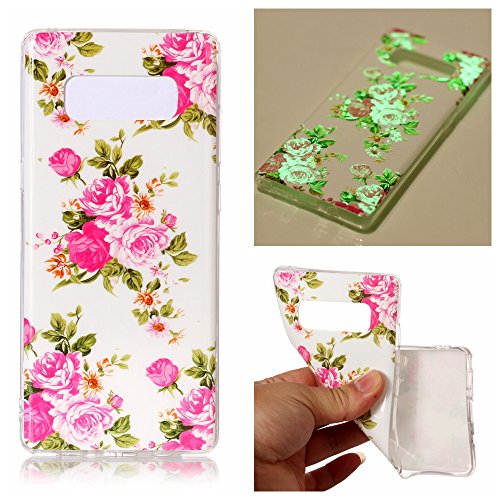 Galaxy Note 8 Luminous Case, BONROY® Fluorescent Effect Night Glow In The Dark Transparent Ultra-Thin Soft Gel TPU Silicone Bumper Case Stylish Unique Colourful Printed Pattern Design Anti-Scratch Shock Absorption Protective Case Cover for Samsung Galaxy Note 8 - Rose flower