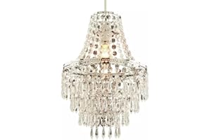 AURORAKAY Home Terri Polished Chrome & Clear 5 Tier Premium Acrylic Beaded Lamp Shade Mordern Teardrop Design Easy Fit Pendant Light Shade - 31.5cm H Small Chandelier (Without Light Cord Kit & Blub) (Clear)