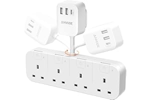 ANVODE 4 Way Plug Adapter with USB C, 4 Gang Small Short Extension Lead with Independent Switches, Multi Wall Socket UK Power Strip for Home, Kitchen (White)