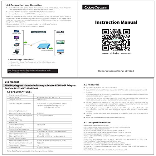 CableDeconn Mini DisplayPort V1.2 Thunderbolt auf HDMI 4 K * 2 K & VGA Konverter Adapter Kabel für Apple MacBook Pro, iMac, Macbook Air, Mac mini, Surface Pro, ThinkPad X1 – Mini DP zu HDTV Eyefinity VGA Adapter - 5