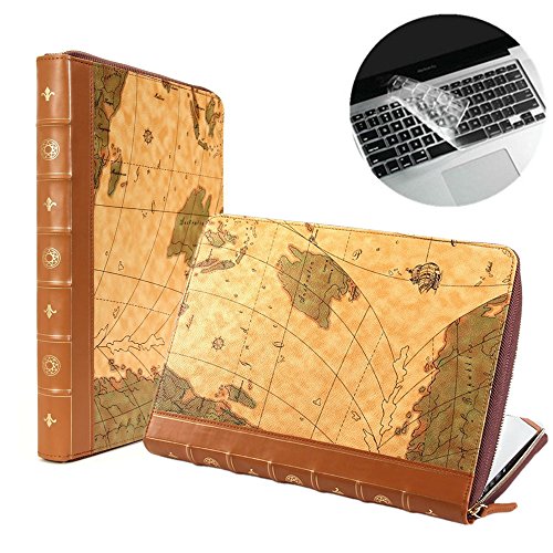 Se7enline® (2 in 1) Macbook 13 Zoll PU Leder Schutzhülle im Weltkarte-Stil, Reißverschluss Clip-On-Schutzhülle PU Leder Sleeve Tasche Hülle für Macbook Pro Retina (mit Retina Dispalys) 13 Zoll Modell A1425/A1502 + Klar TPU DE Design (QWERTZ) Tastatur Schutzhülle - Weltkarte
