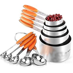 U-Taste Tasse Mesurer Cuillère Mesurer Lot de 10/5 Tasse+5 Cuillère Cuillere Doseuse en Acier Inoxydable 18/8 Measuring Cups Set Mesureur Cuisine AVCE Poignées en Silicone Ustensile de Cuisine Orange