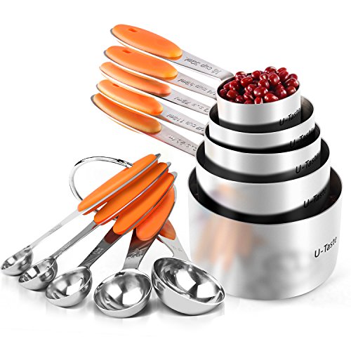 U-Taste Tasse Mesurer Cuillère Mesurer Lot de 10/5 Tasse+5 Cuillère Cuillere Doseuse en Acier Inoxydable 18/8 Measuring Cups Set Mesureur Cuisine AVCE Poignées en Silicone Ustensile de Cuisine Orange