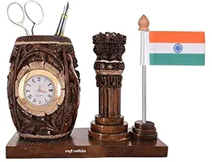 Craft Radhika Wooden Pen stand for Office/Study Table Decoration I Pen holder ashoka with flag I Office Desk Organizer I Pen stands for kids