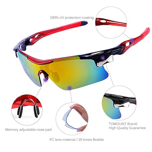 Radbrille, TOMOUNT Fahrradbrille Sonnenbrille mit 5 Wechselgläsern Sportbrille für Radfahrer + Gürteltasche , ideale UV400 Brille für Radsport - 5