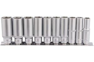 Draper 16401 fyrkantig enhet djupt uttag 10 delar set på metallskena, blå, 3/8 tum längd
