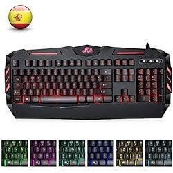 Rii RK900 Teclado Multimedia Gaming con sensibilidad mecánica, 7 Colores retroiluminado para Usarlo en la Oscuridad. El más Moderno y avanzado hasta la Fecha. (QWERTY con Layout Español, Negro)