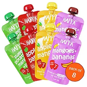 Happa Organic Food for Little one, Fruit Puree (Apple+Mango, Mango+Banana, Apple+Banana, Sweet Potato+Mango+Pear) 8 Pouches, 100 Gram Each