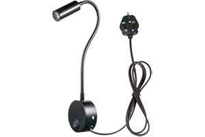 WeFoonLo 3W Wall Mounted Reading Light Flexible Gooseneck LED Sconce Lamp with Plug & Switch for Bedroom, Office, Workbench, Studio (3W Black-Cool White)