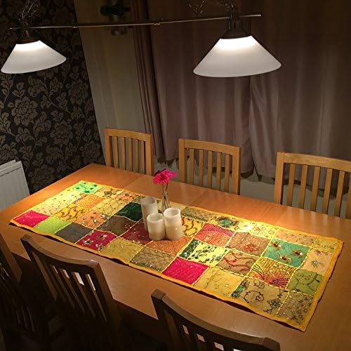 Stylla London Handmade Vintage Indian Sari Patchwork Table Runner Wall Hanging Tapestry (Yellow)