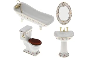 P Prettyia 1/12 Dollhouse Mini Furniture Porcelain Bathroom Set Floral Toilet, Bathtub & Basin #2