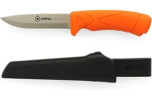 WPW Jagdmesser feststehende Klinge 110 mm - §42a WaffG konform - Outdoor Messer für Jagd, Bushcraft, Survival, Aufbrechen, Schnitzen - CNC geschliffen - Signalorange Griff - Gürtelclip