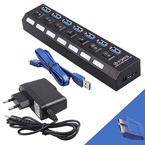 Navplus USB 3.0 Hub 7 Port Verteiler mit USB Kabel und Netzteil für PC Notebook Laptop