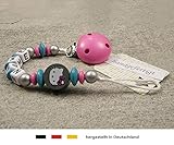 Baby SCHNULLERKETTE mit NAMEN | Schnullerhalter mit Wunschnamen - Mädchen Motiv Hello Kitty in grau, türkis - 