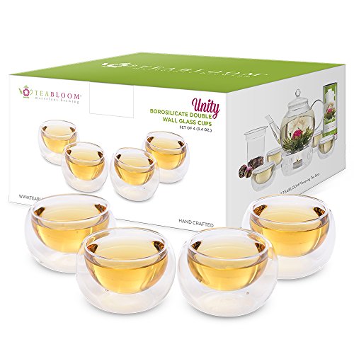 4 Vasos de cristal doble 3.4 oz / 100 ml de Teabloom - tazas de té y espresso de borosilicato resistente al calor