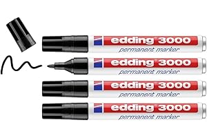 ‎EDDING edding 3000 Permanentmarker - schwarz - 4 Stifte - Rund-Spitze 1,5-3 mm - schnell trocknender Permanent Marker - wasserfest, wischfest - für Karton, Kunststoff, Holz, Metall - Universalmarker